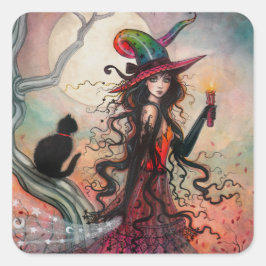 ハロウィーンの魔女と黒猫 ファンタジーアート スクエアシール