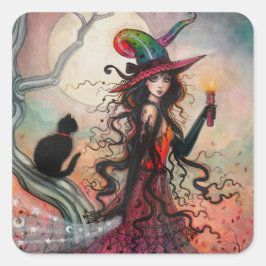 ハロウィーンの魔女と黒猫 ファンタジーアート スクエアシール