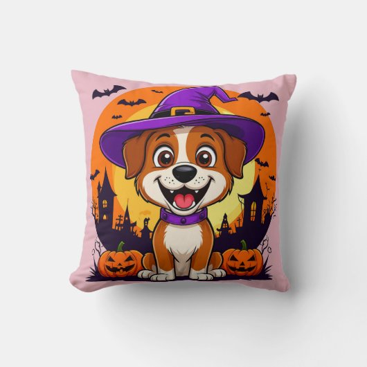 ハロウィーンの魔女に扮した陽気な犬 クッション (正面)