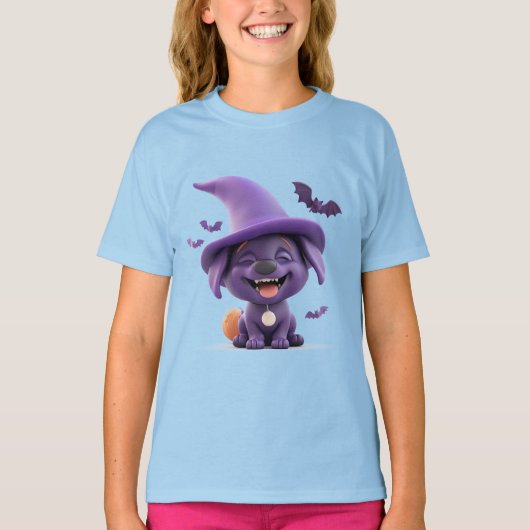 ハロウィーンの魔女に扮した陽気な犬 Tシャツ (正面)
