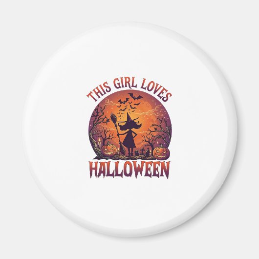 ハロウィーンの魔女のかぼちゃコウモリが好きな女の子_1 マグネット (正面)