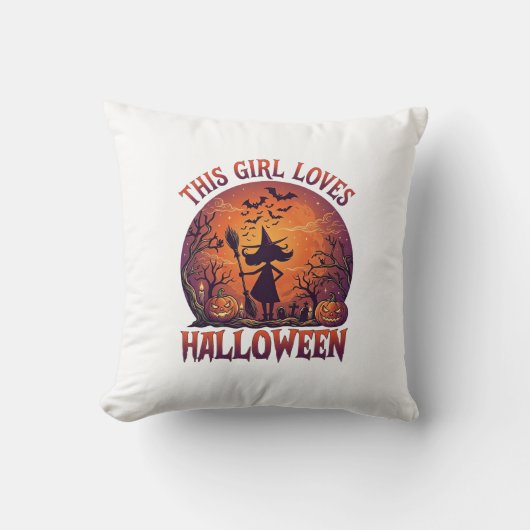 ハロウィーンの魔女のかぼちゃ コウモリ好きな女の子_1 クッション (正面)