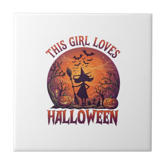 ハロウィーンの魔女のかぼちゃ コウモリ好きな女の子_1 タイル (正面)