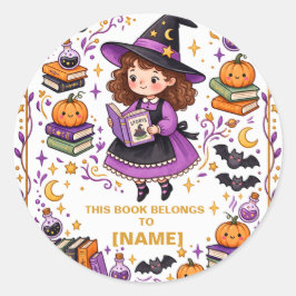 ハロウィーンの魔女のブックプレート キッズ用 名入れ ラウンドシール