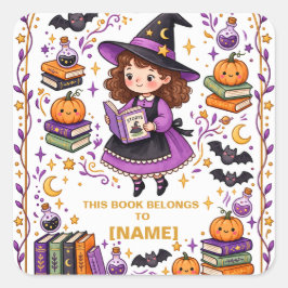 ハロウィーンの魔女のブックプレート キッズ 名前入り スクエアシール
