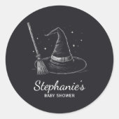 ハロウィーンの魔女の帽子とブロムの赤ちゃんシャワーブラック ラウンドシール (正面)