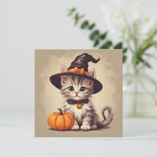 ハロウィーンの魔女の衣装を着た可愛いヴィンテージ子猫 カード (スタンド正面)