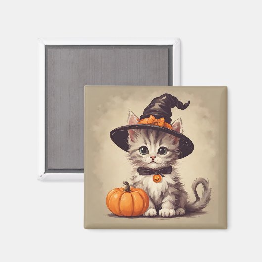 ハロウィーンの魔女の衣装を着た可愛いヴィンテージ子猫 マグネット (正面/裏面)