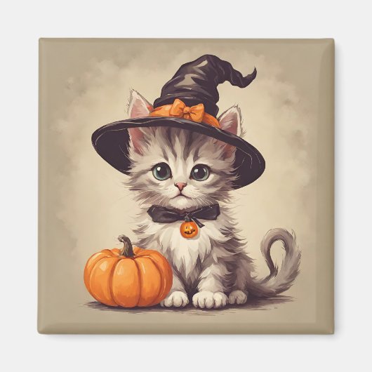 ハロウィーンの魔女の衣装を着た可愛いヴィンテージ子猫 マグネット (正面)