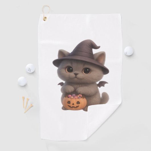 ハロウィーンの魔女の衣装を着た愛らしい子猫とpu ゴルフタオル (インサイチュ)