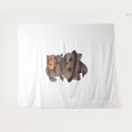 ハロウィーンの魔女の衣装を着た愛らしい子猫とpu タペストリー (正面(横))