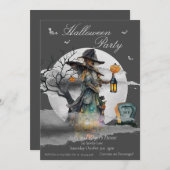 ハロウィーンの魔女の衣装パーティー 招待状 (正面/裏面)