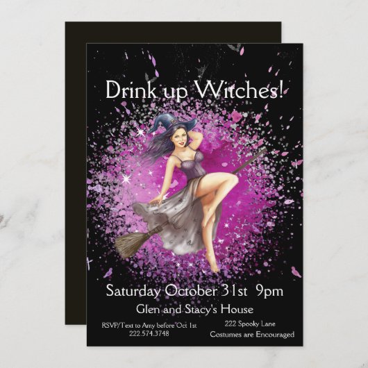 ハロウィーンの魔女の衣装パーティー 招待状 (正面/裏面)