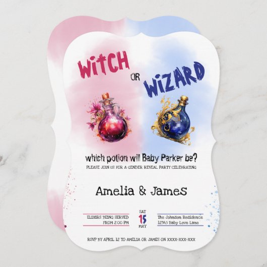 ハロウィーンの魔女またはウィザードの性別の表示 招待状 (正面/裏面)