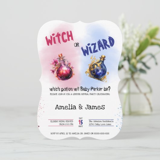 ハロウィーンの魔女またはウィザードの性別の表示 招待状 (スタンド正面)