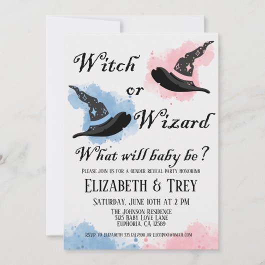 ハロウィーンの魔女またはウィザードの性別の表示 招待状 (正面)
