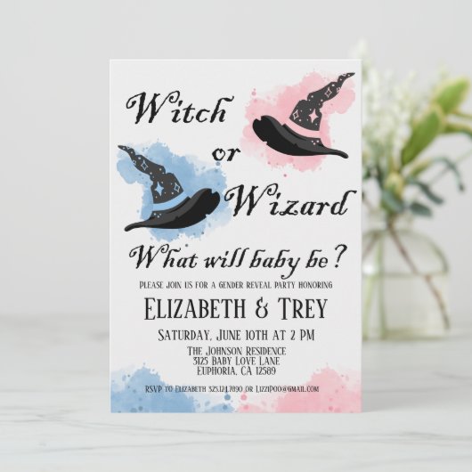 ハロウィーンの魔女またはウィザードの性別の表示 招待状 (スタンド正面)