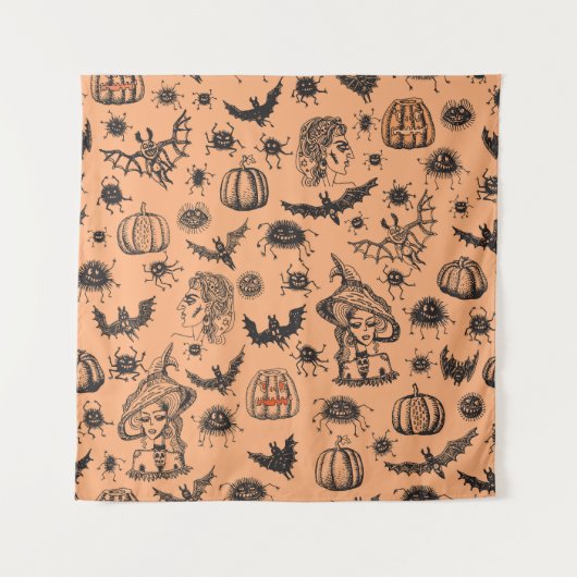 ハロウィーンの魔女シルエット:漫画のパターン。 タペストリー (正面)