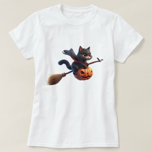 ハロウィーンの魔女猫がパンプキンに乗る Tシャツ (デザイン正面)