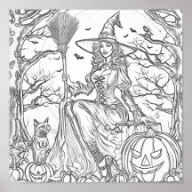 ハロウィーンの魔女、かぼちゃと猫のカラーリングページ