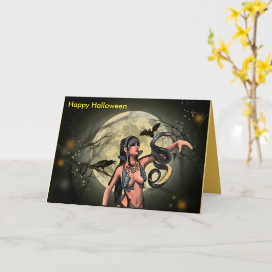 ハロウィーンの魔女 カード (黄色い花)