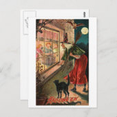 ハロウィーンの魔女、猫が窓の中を見る ポストカード (正面/裏面)