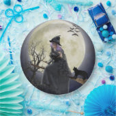 ハロウィーンの魔女、黒猫、こうもり、満月 ペーパープレート (パーティー)