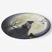 ハロウィーンの魔女、黒猫、こうもり、満月 ペーパープレート (アングル)