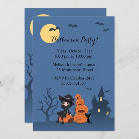 ハロウィーンの魔女、黒猫、カボチャのパーティー 招待状 (正面/裏面)