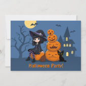 ハロウィーンの魔女、黒猫、カボチャのパーティー 招待状 (正面)
