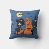 ハロウィーンの魔女、黒猫、カボチャ クッション (裏面)