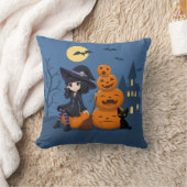 ハロウィーンの魔女、黒猫、カボチャ クッション (ブランケット)