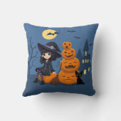 ハロウィーンの魔女、黒猫、カボチャ クッション (裏面)
