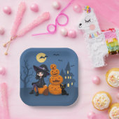 ハロウィーンの魔女、黒猫、カボチャ ペーパープレート (パーティー)