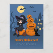 ハロウィーンの魔女、黒猫、カボチャ ポストカード (正面)