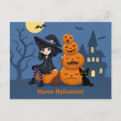 ハロウィーンの魔女、黒猫、カボチャ ポストカード (正面)