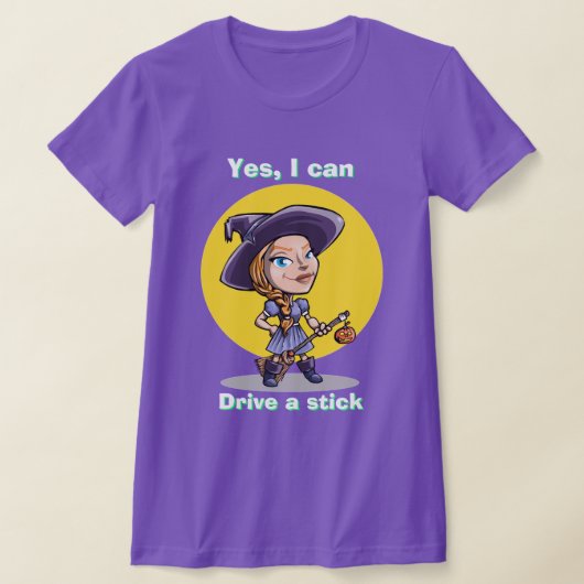 ハロウィーンの魔女YES私はスティックTシャツを駆動することができる Tシャツ (レイダウン)