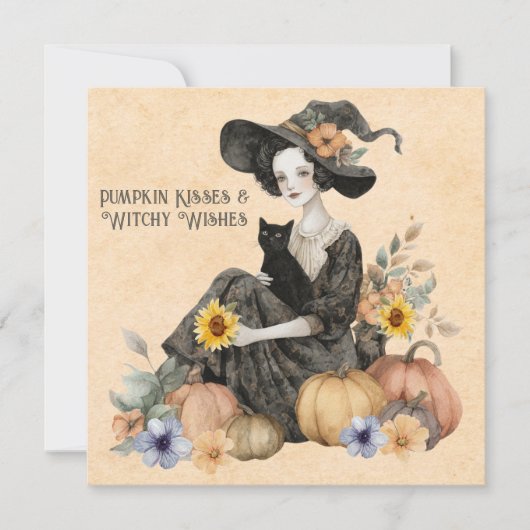ハロウィーンの魔法にかかった魔女の猫のかぼちゃと花  シーズンカード (正面)