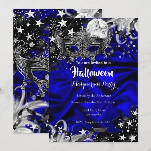 ハロウィーンの魔法の夜 仮面舞踏会 ブルー 招待状 (正面/裏面)