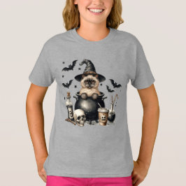 ハロウィーンの魔法鍋のレトロなかわいい猫 Tシャツ