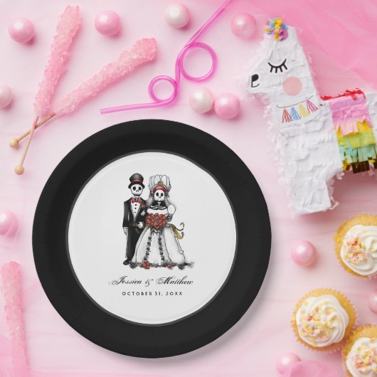 ハロウィーンの黒と白の赤のスケルトンのマッチング ペーパープレート (パーティー)