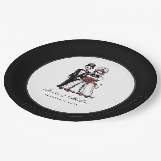 ハロウィーンの黒と白の赤のスケルトンのマッチング ペーパープレート (アングル)