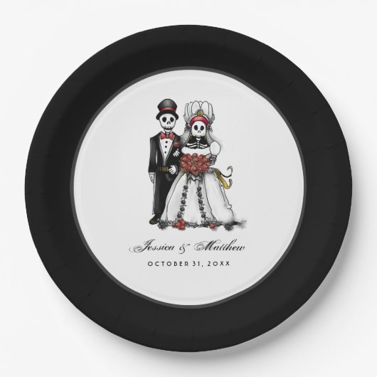 ハロウィーンの黒と白の赤のスケルトンのマッチング ペーパープレート (正面)