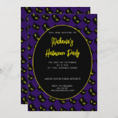 ハロウィーンの黒と紫の猫の黄色の目のパターン 招待状 (正面/裏面)