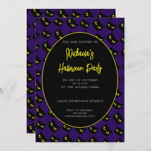ハロウィーンの黒と紫の猫の黄色の目のパターン 招待状 (正面/裏面)