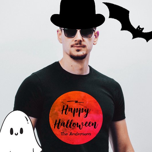 ハロウィーンの黒オレンジの怖い満月タイポグラフィー Tシャツ