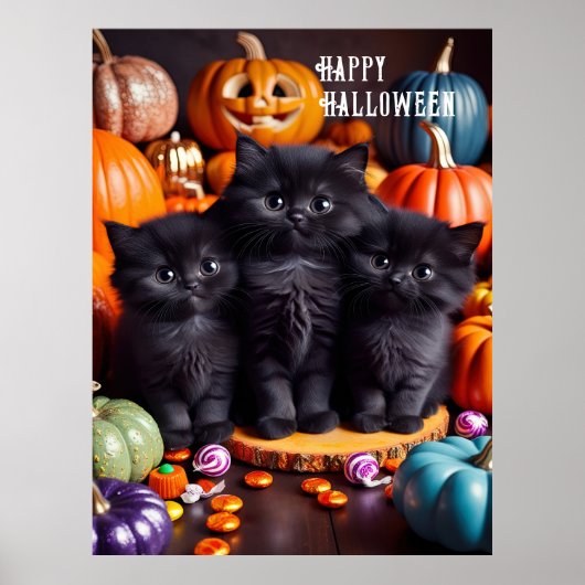 ハロウィーンの黒猫とカボチャとキャンディ ポスター (正面)