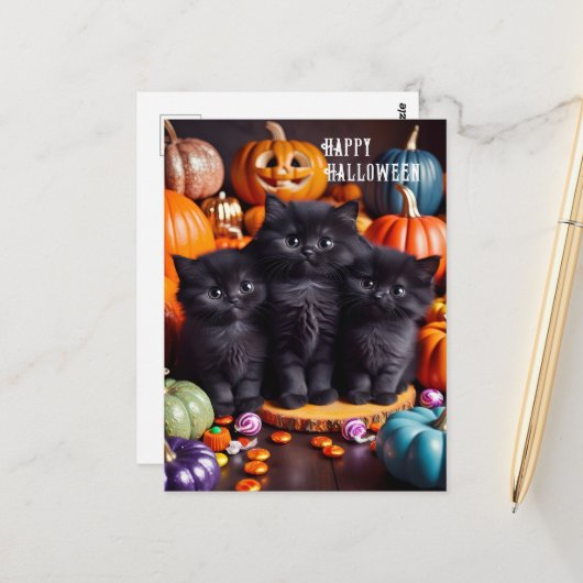 ハロウィーンの黒猫とカボチャとキャンディ ポストカード (正面/裏面インサイチュ)
