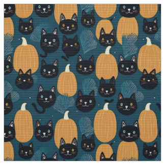 ハロウィーンの黒猫とカボチャ ファブリック
