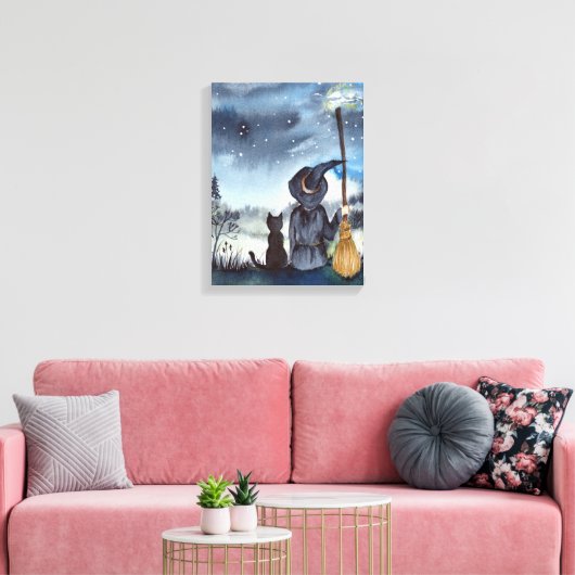 ハロウィーンの黒猫と魔女の星空の夜 キャンバスプリント (インサイチュ (リビング))